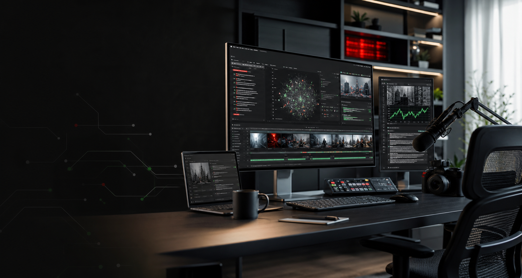 A modern AI creator newsroom with screens, video timelines, and article drafts.